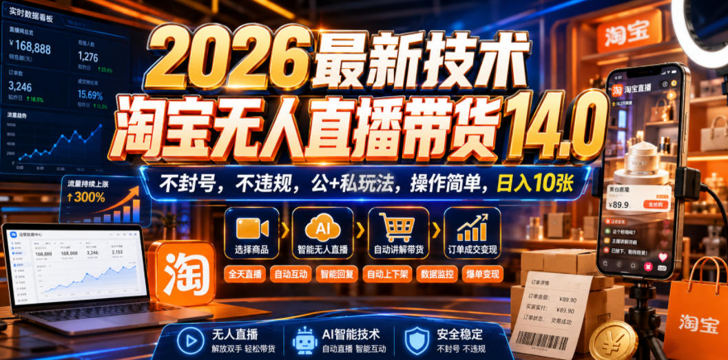 2026最新技术，淘宝无人直播带货14.0，不封号，不违规，公+私玩法，操作简单，日入10张【揭秘】-米壳知道—知识分享平台