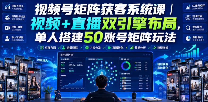 视频号矩阵获客系统课|视频+直播双引擎布局,单人搭建50账号矩阵玩法,流量入池、搜索占位、全域引流沉淀私域全流程教学-米壳知道—知识分享平台