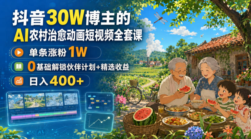 抖音30W博主的AI农村治愈动画短视频全套课｜单条涨粉1W，0基础解锁伙伴计划+精选收益，日入400+-米壳知道—知识分享平台