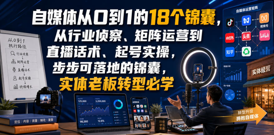 自媒体从0到1的18个锦囊，从行业侦察、矩阵运营到直播话术、起号实操，步步可落地的锦囊，实体老板转型必学-米壳知道—知识分享平台