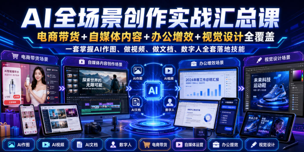 AI全场景创作实战汇总课｜电商带货+自媒体内容+办公增效+视觉设计全覆盖，一套掌握AI作图、做视频、做文档、数字人全套落地技能-米壳知道—知识分享平台