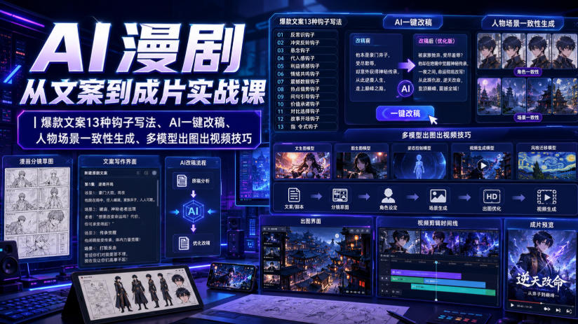 AI漫剧从文案到成片实战课｜爆款文案13种钩子写法、AI一键改稿、人物场景一致性生成、多模型出图出视频技巧-米壳知道—知识分享平台