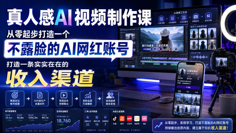 真人感AI视频制作课，从零起步打造一个不露脸的AI网红账号，打造一条实实在在的收入渠道【原创双语字幕】-米壳知道—知识分享平台