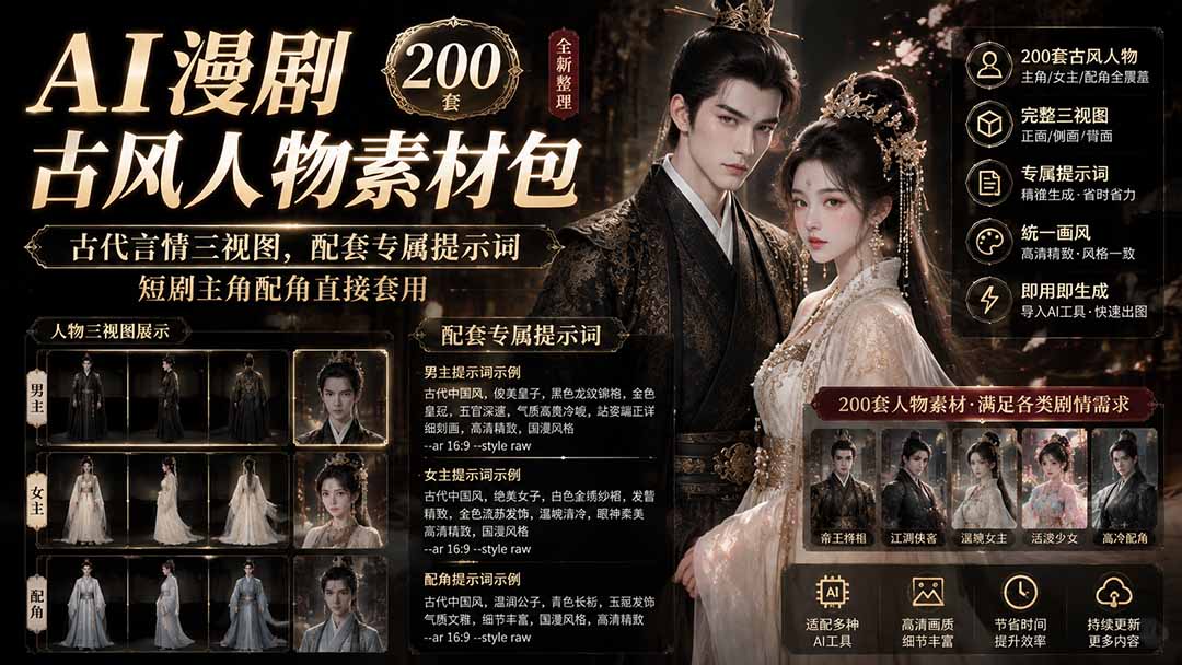 AI漫剧古风人物素材包+提示词｜200 套古代言情三视图，配套专属提示词短剧主角配角直接套用-米壳知道—知识分享平台