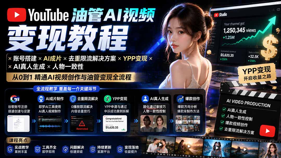 YouTube油管AI视频变现教程：账号搭建×AI成片×去重限流解决方案×YPP变现×AI真人生成×人物一致性-米壳知道—知识分享平台