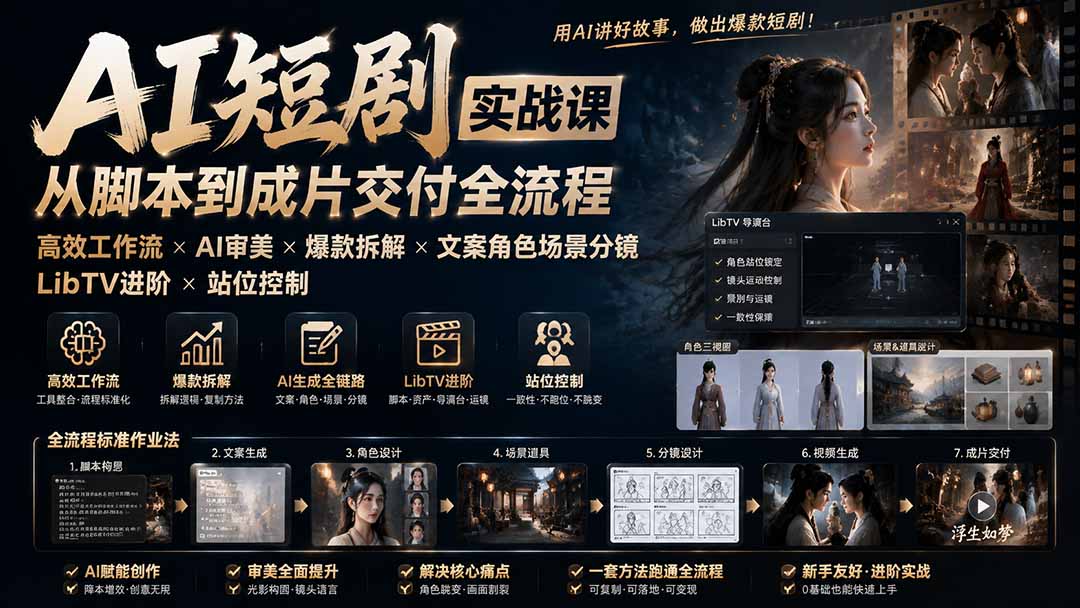 AI短剧实战课：高效工作流×AI审美×爆款拆解×文案角色场景分镜×LibTV进阶×站位控制×从脚本到成片交付全流程-米壳知道—知识分享平台