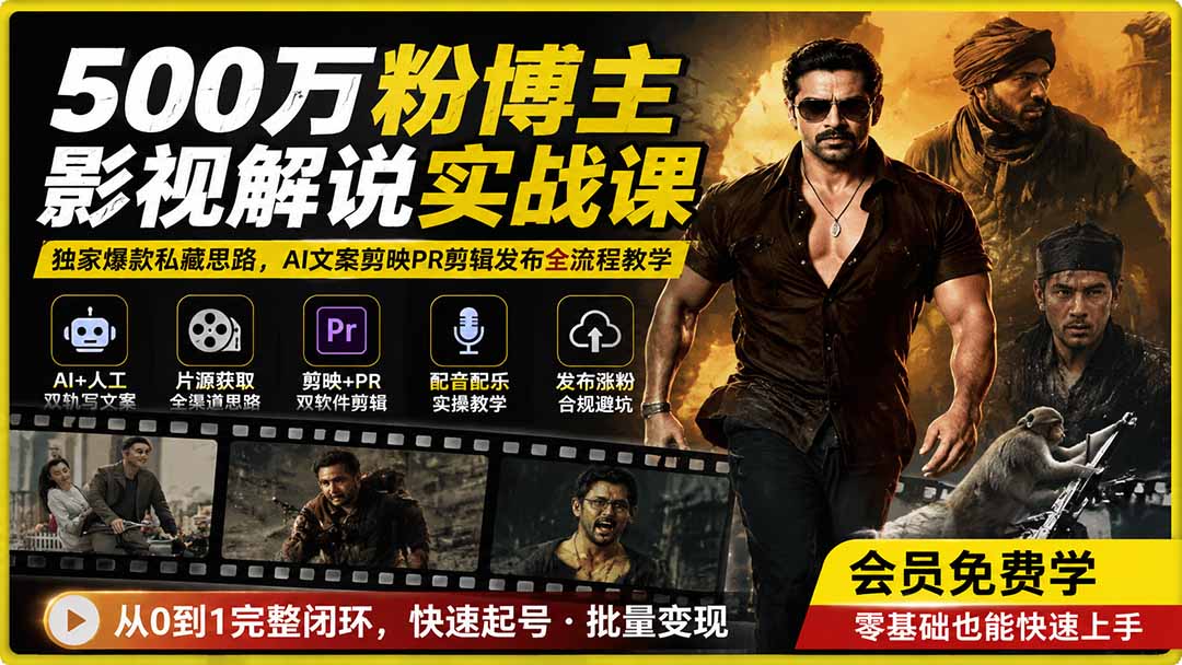 500万粉博主影视解说实战课｜独家爆款私藏思路，AI文案剪映PR剪辑发布全流程教学-米壳知道—知识分享平台