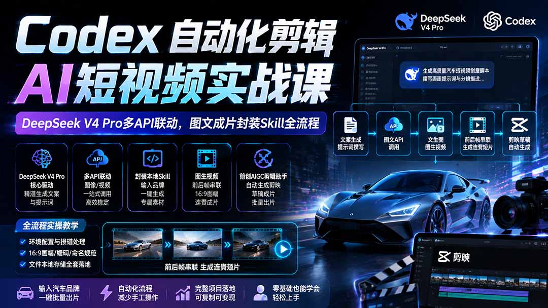 Codex自动化剪辑AI短视频实战课|DeepSeek V4 Pro多API联动,图文成片封装Skill全流程-米壳知道—知识分享平台