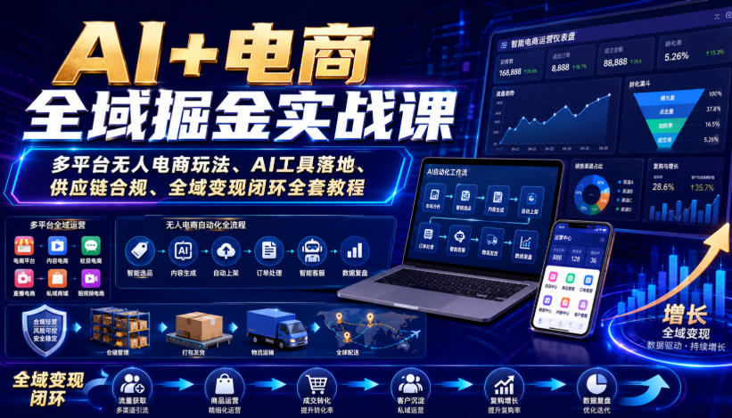 AI+电商全域掘金实战课｜多平台无人电商玩法、AI工具落地、供应链合规、全域变现闭环全套教程-米壳知道—知识分享平台