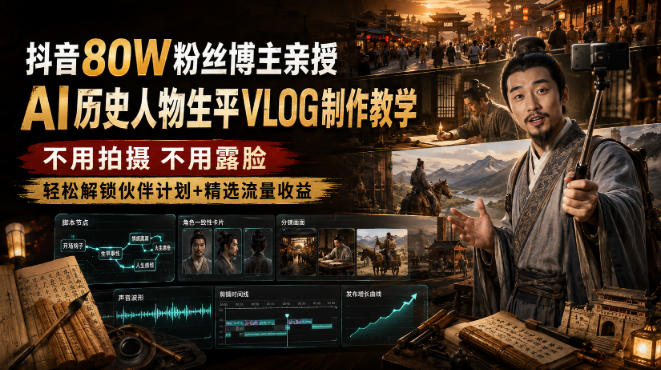 抖音80W粉丝博主的AI历史人物生平VLOG教学,不用拍摄不用露脸,AI帮你搞定,轻松解锁伙伴计划+精选收益-米壳知道—知识分享平台