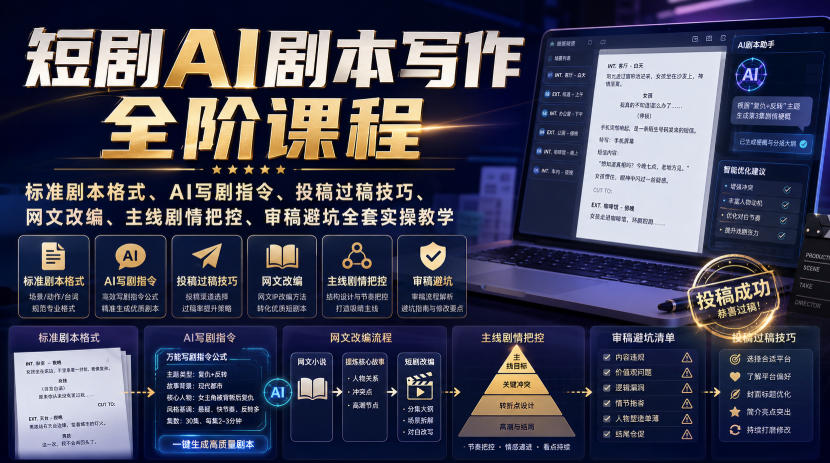 短剧AI剧本写作全阶课程｜标准剧本格式、AI写剧指令、投稿过稿技巧、网文改编、主线剧情把控、审稿避坑全套实操教学-米壳知道—知识分享平台