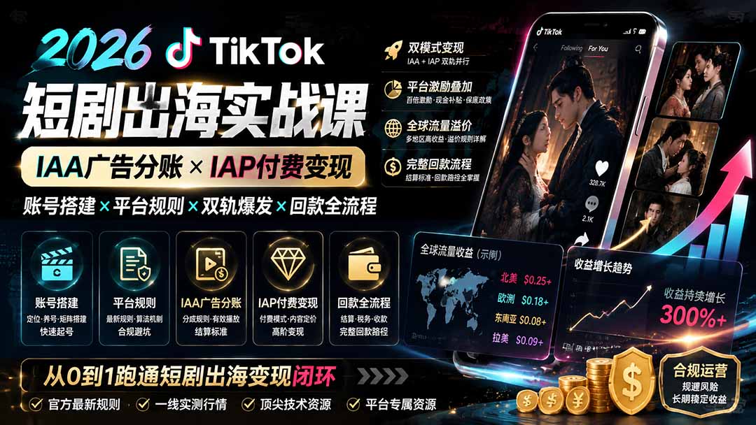 2026TikTok短剧出海实战课：IAA广告分账×IAP付费变现×账号搭建×平台规则×双轨爆发×回款全流程-米壳知道—知识分享平台