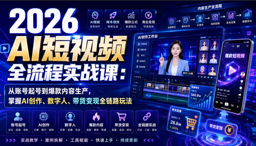 2026 AI短视频全流程实战课：从账号起号到爆款内容生产，掌握AI创作、数字人、带货变现全链路玩法-米壳知道—知识分享平台