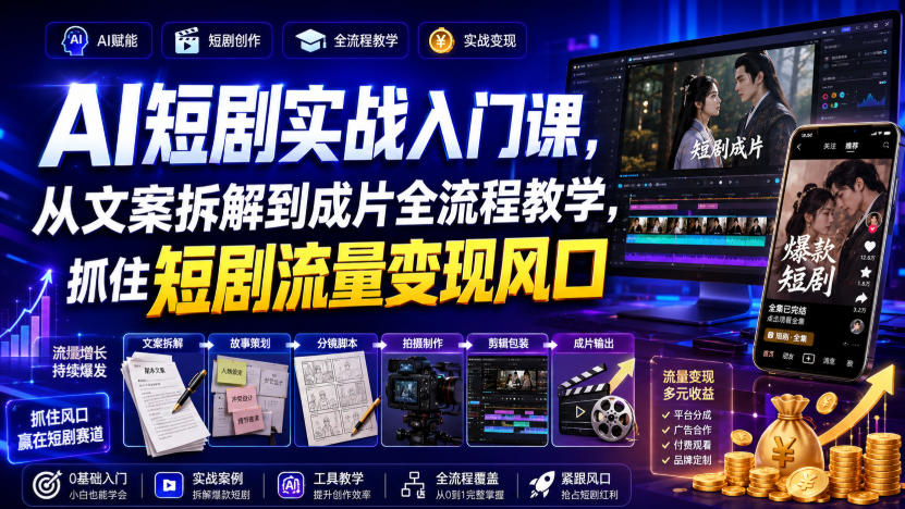 AI短剧实战入门课，从文案拆解到成片全流程教学，抓住短剧流量变现风口-米壳知道—知识分享平台