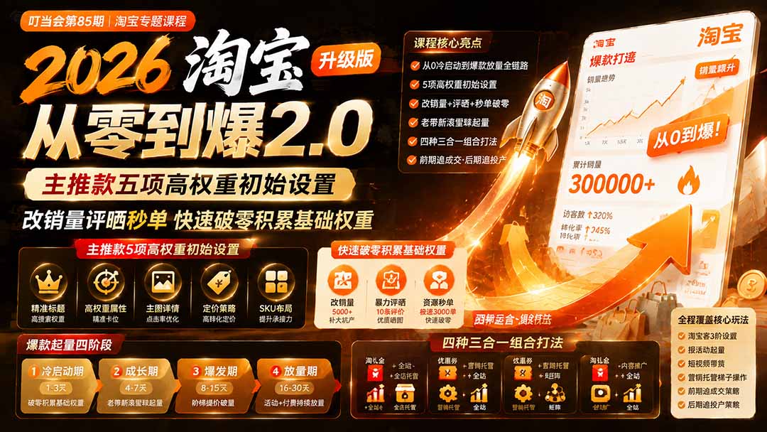 2026淘宝从零到爆2.0第85期；主推款五项高权重初始设置，改销量评晒秒单快速破零积累基础权重-米壳知道—知识分享平台