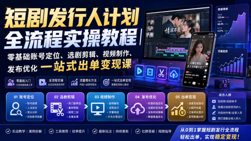 短剧发行人计划全流程实操教程｜零基础账号定位、选剧剪辑、视频制作、发布优化一站式出单变现课​-米壳知道—知识分享平台