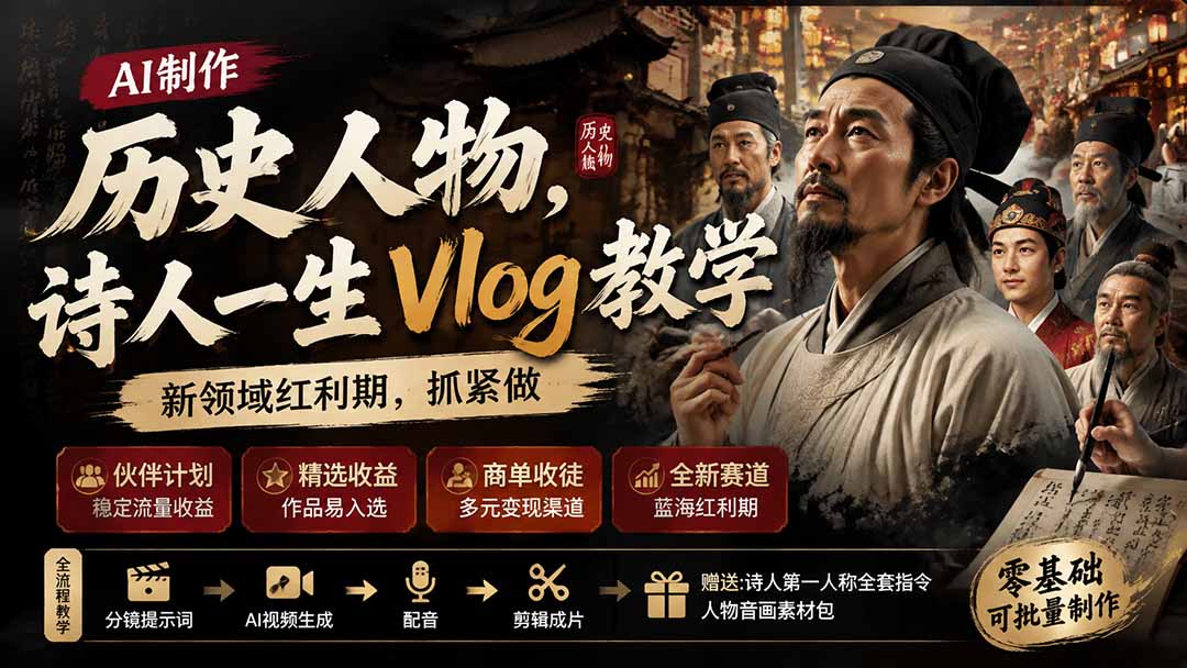 历史人物，诗人一生Vlog教学， AI制作丨伙伴计划丨精选收益丨商单收徒 ，新领域红利期，抓紧做-米壳知道—知识分享平台