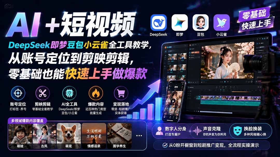 AI+短视频｜DeepSeek即梦豆包小云雀全工具教学，从账号定位到剪映剪辑，零基础也能快速上手做爆款-米壳知道—知识分享平台
