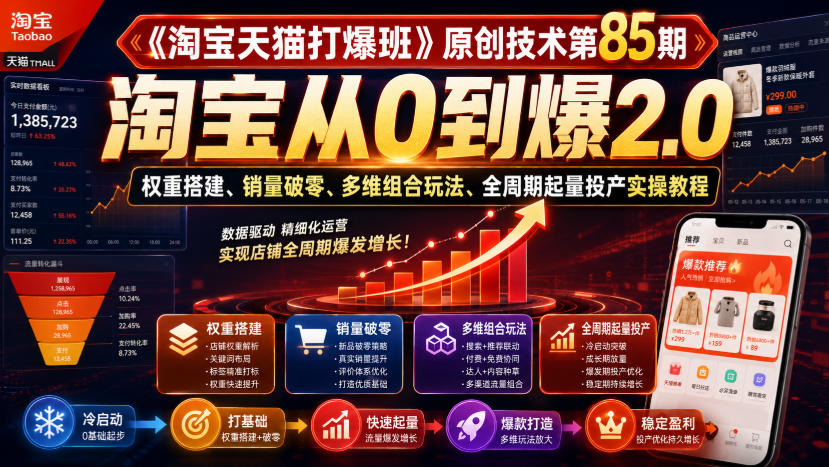 《淘宝天猫打爆班》原创技术第85期，淘宝从0到爆2.0，权重搭建、销量破零、多维组合玩法、全周期起量投产实操教程-米壳知道—知识分享平台