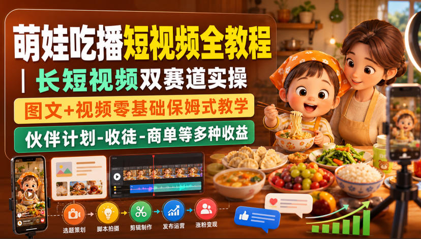 萌娃吃播短视频全教程｜长短视频双赛道实操，图文+视频零基础保姆式教学，伙伴计划-收徒-商单等多种变现方式-米壳知道—知识分享平台