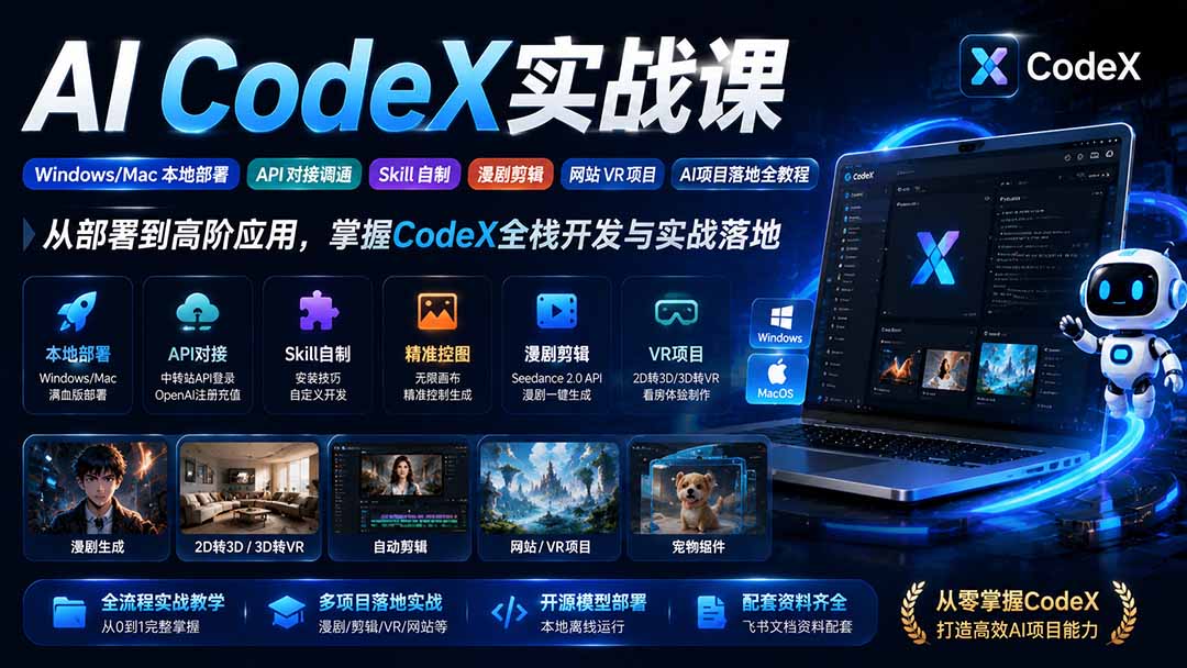 AI CodeX实战课|Windows/Mac 本地部署|API 对接调通|Skill 自制|漫剧剪辑|网站 VR 项目|AI项目落地全教程-米壳知道—知识分享平台