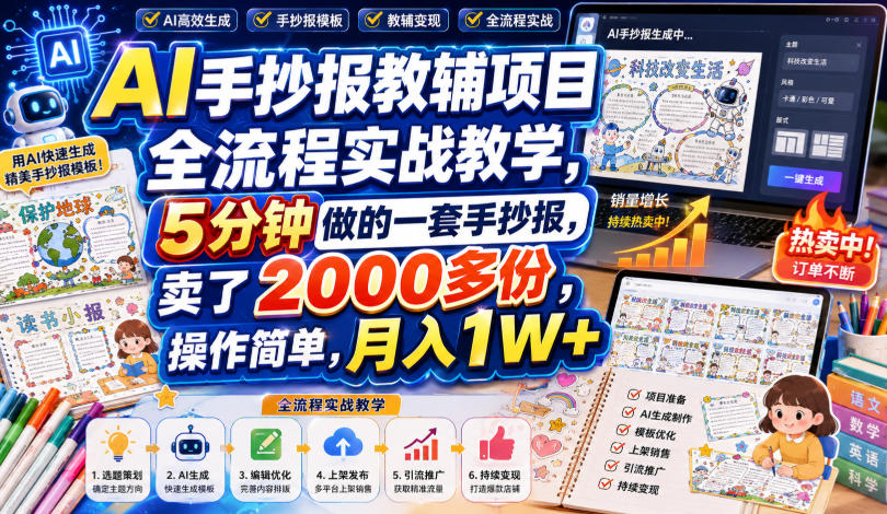 AI手抄报教辅项目全流程实战教学，5分钟做的一套手抄报，卖了2000多份，操作简单，月入1W+-米壳知道—知识分享平台