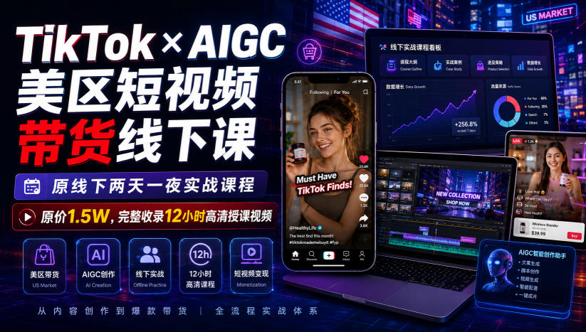 TikTok×AIGC美区短视频带货线下课，原线下两天一夜实战课程，原价1.5W，完整收录12小时高清授课视频-米壳知道—知识分享平台