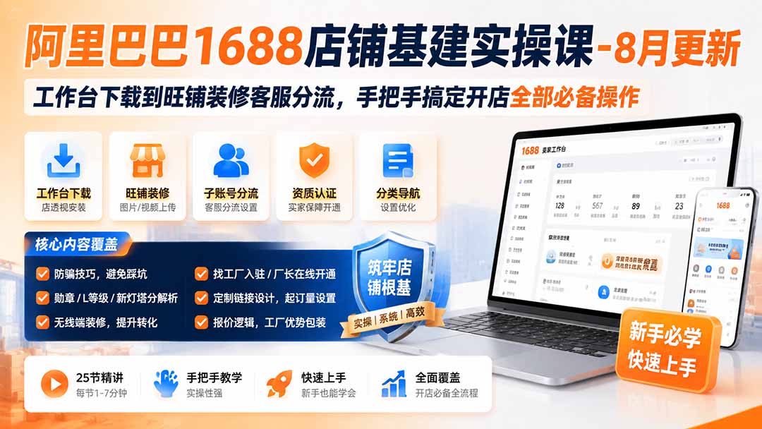 阿里巴巴1688店铺基建实操课-8月更新;工作台下载到旺铺装修客服分流,手把手搞定开店全部必备操作-米壳知道—知识分享平台