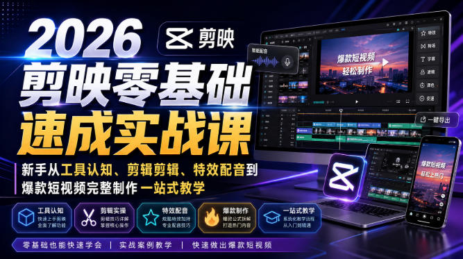 2026剪映零基础速成实战课|新手从工具认知、剪辑剪辑、特效配音到爆款短视频完整制作一站式教学-米壳知道—知识分享平台