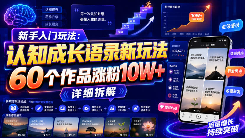 新手入门玩法：认知成长语录新玩法，60个作品涨粉10W+，详细拆解-米壳知道—知识分享平台