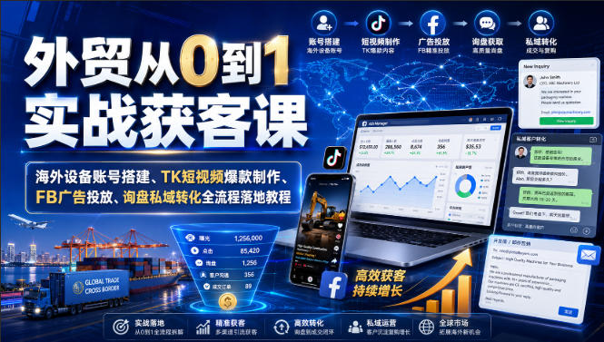 外贸从0到1实战获客课|海外设备账号搭建、TK短视频爆款制作、FB广告投放、询盘私域转化全流程落地教程-米壳知道—知识分享平台
