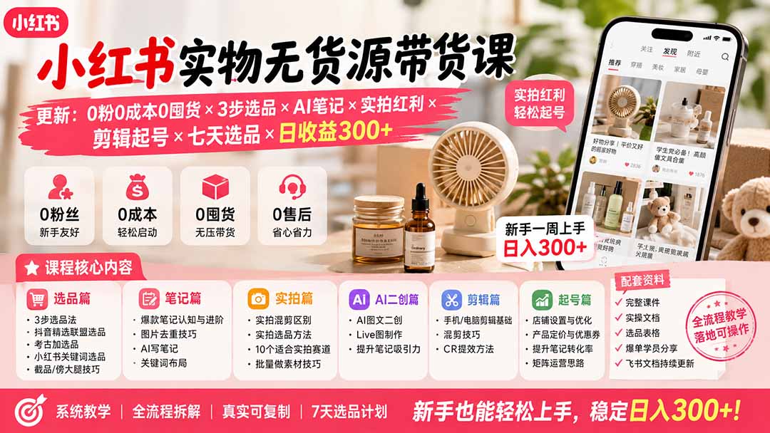 小红书实物无货源带货课-更新：0粉0成本0囤货×3步选品×AI笔记×实拍红利×剪辑起号×七天选品×日收益300+-米壳知道—知识分享平台