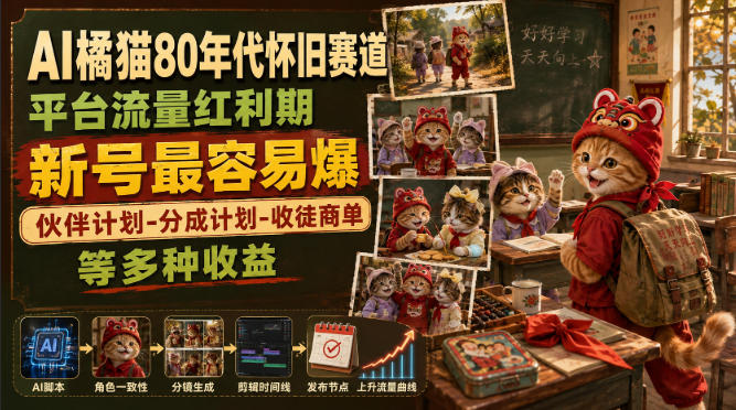 AI橘猫80年代怀旧赛道，平台流量红利期，新号最容易爆，伙伴计划-分成计划-收徒商单等多种收益-米壳知道—知识分享平台