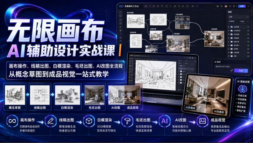 无限画布AI辅助设计实战课｜画布操作、线稿出图、白模渲染、毛坯出图、AI改图全流程，从概念草图到成品视觉一站式教学-米壳知道—知识分享平台
