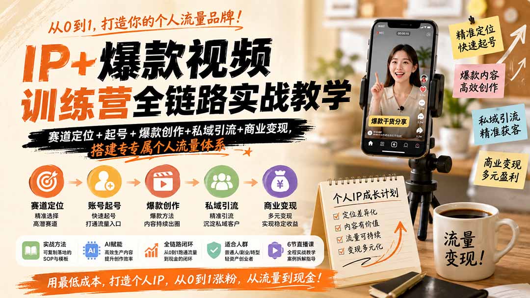 IP+爆款视频训练营全链路实战教学；赛道定位+起号+爆款创作+私域引流+商业变现，搭建专属个人流量体系-米壳知道—知识分享平台