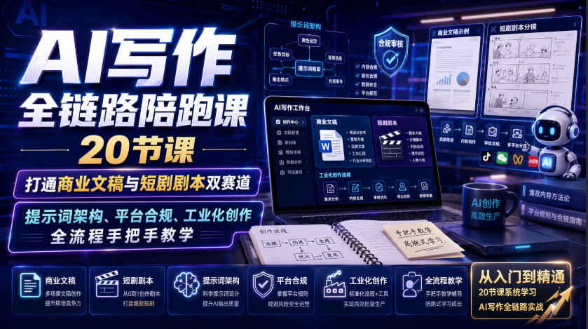 AI写作全链路陪跑课｜20节课打通商业文稿与短剧剧本双赛道，提示词架构、平台合规、工业化创作全流程手把手教学-米壳知道—知识分享平台