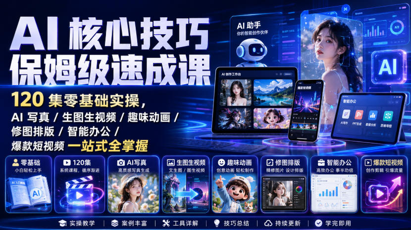 AI核心技巧保姆级速成课｜120集零基础实操，AI写真/生图生视频/趣味动画/修图排版/智能办公/爆款短视频一站式全掌握-米壳知道—知识分享平台