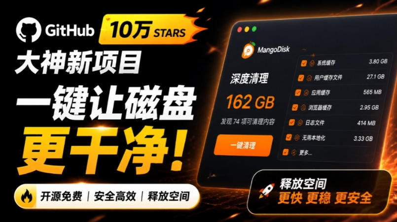 在Gtihub上做出10万stars的大神，又发布新项目了！一键让磁盘更干净，开源免费清理工具MangoDisk-米壳知道—知识分享平台
