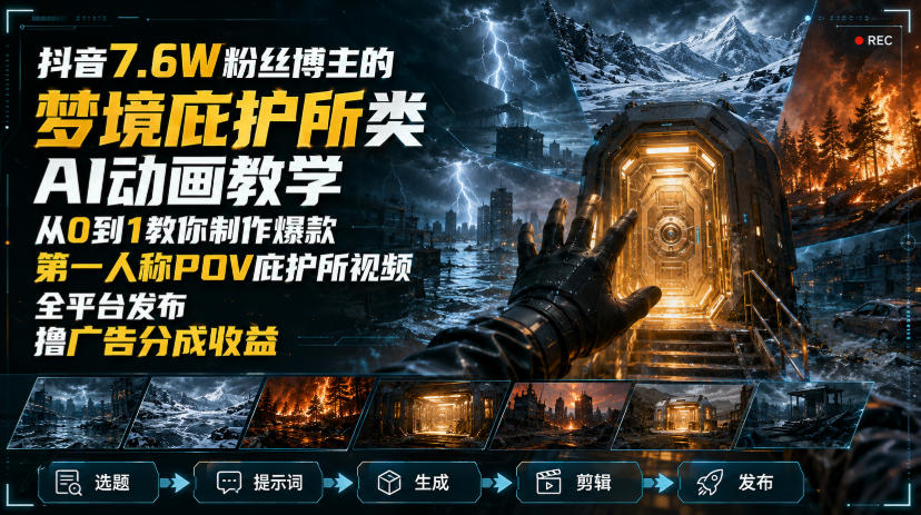 抖音7.6W粉丝博主的梦境庇护所类AI动画教学，从0到1教你制作爆款第一人称POV庇护所视频，全平台发布撸广告分成收益-米壳知道—知识分享平台