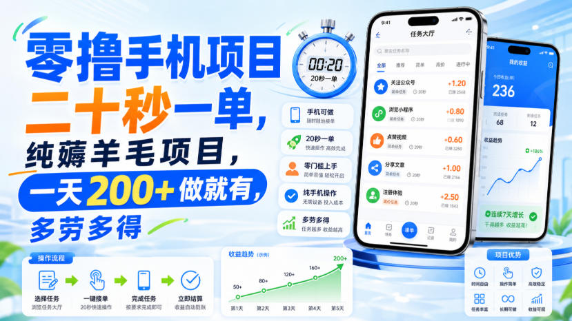 零撸手机项目，二十秒一单，纯薅羊毛项目，一天200+做就有，多劳多得【揭秘】-米壳知道—知识分享平台