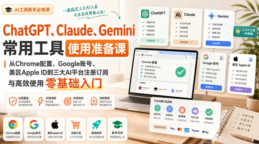 ChatGPT、Claude、Gemini常用工具使用准备课|从Chrome配置、Google账号、美区Apple ID到三大AI平台注册订阅与高效使用零基础入门-米壳知道—知识分享平台