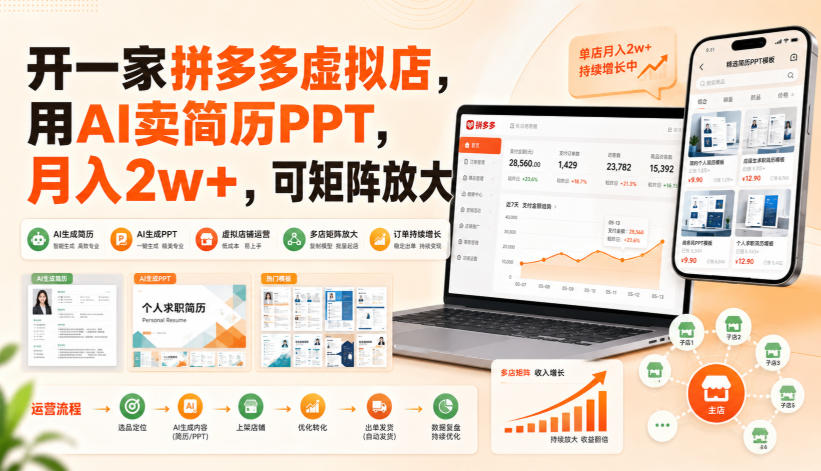 开一家拼多多虚拟店，用AI卖简历PPT，月入2w+，可矩阵放大【揭秘】-米壳知道—知识分享平台