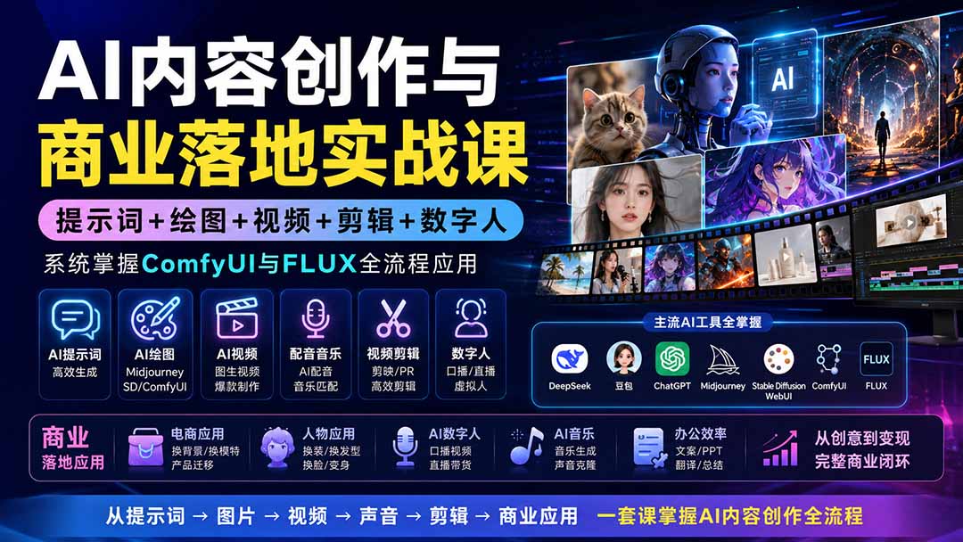 AI内容创作与商业落地实战课：提示词+绘图+视频+剪辑+数字人，系统掌握ComfyUI与FLUX全流程应用-米壳知道—知识分享平台