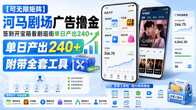【可无限矩阵】河马剧场广告撸金，签到开宝箱看剧逛街单日产出240+，附带全套工具【揭秘】-米壳知道—知识分享平台