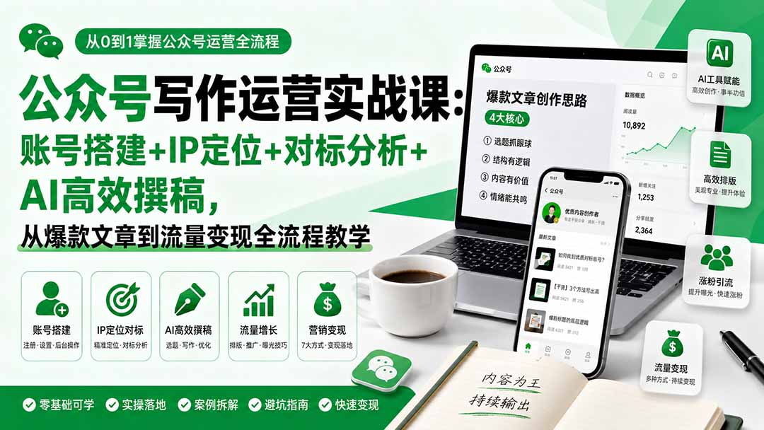 公众号写作运营实战课：账号搭建+IP定位+对标分析+AI高效撰稿，从爆款文章到流量变现全流程教学-米壳知道—知识分享平台