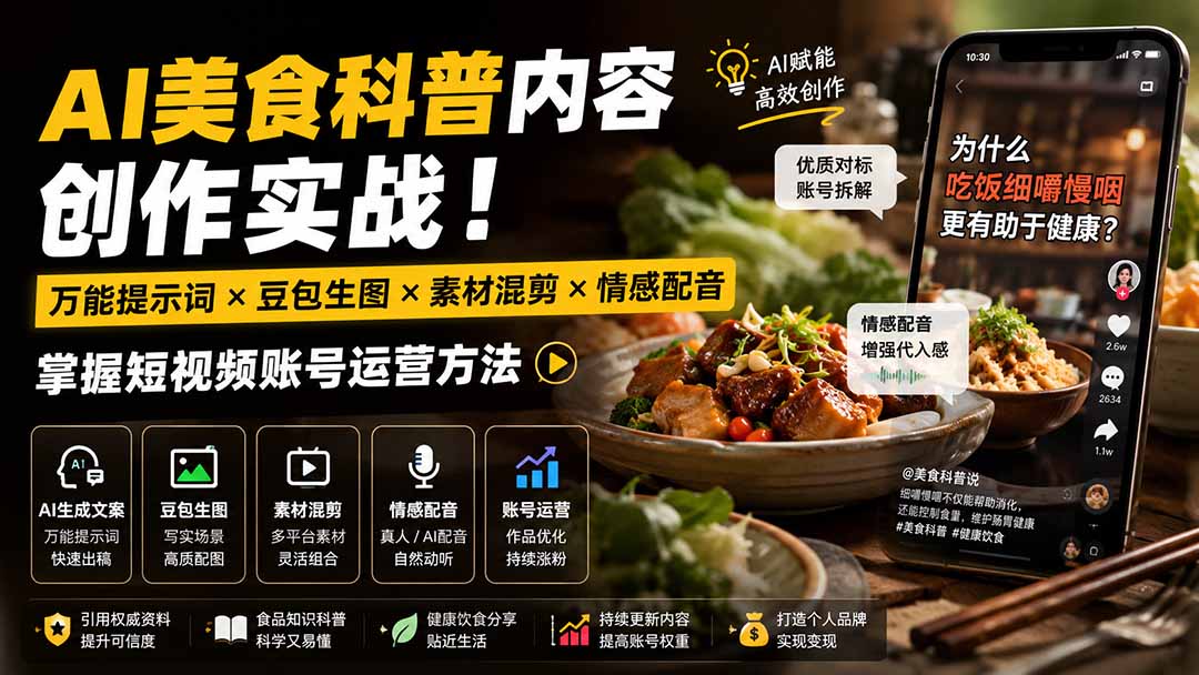 外面卖199元-AI美食科普内容创作实战！万能提示词×豆包生图×素材混剪×情感配音，掌握短视频账号运营方法-米壳知道—知识分享平台