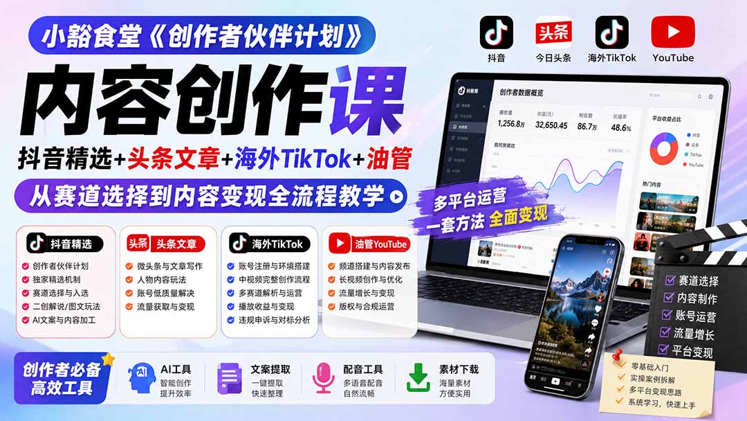 小豁食堂《创作者伙伴计划》内容创作课:抖音精选+头条文章+海外TikTok+油管,从赛道选择到内容变现全流程教学-米壳知道—知识分享平台