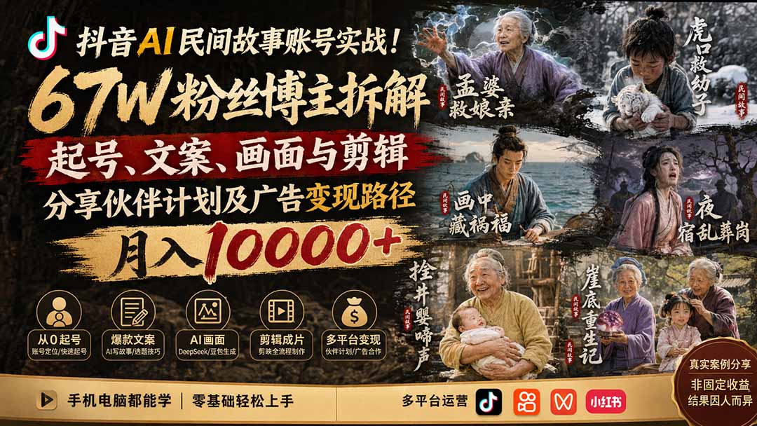 抖音AI民间故事账号实战！67W粉丝博主拆解起号、文案、画面与剪辑，分享伙伴计划及广告变现路径，月入10000+-米壳知道—知识分享平台