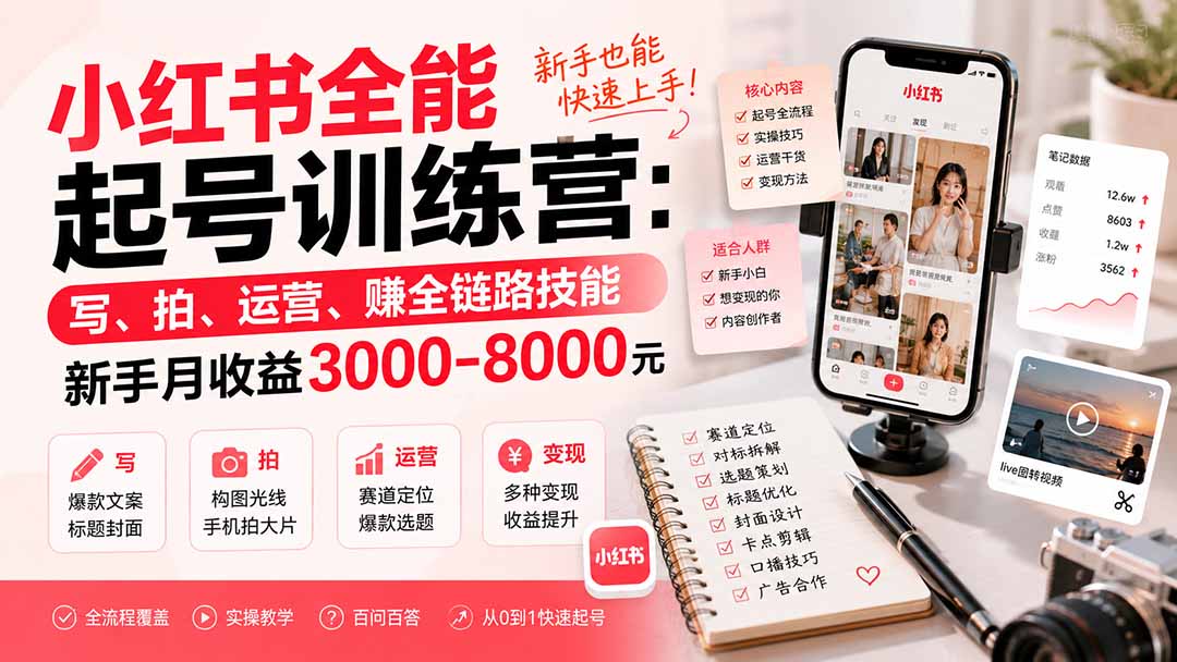 小红书全能起号训练营-更新：写、拍、运营、赚全链路技能，新手月收益3000-8000元-米壳知道—知识分享平台