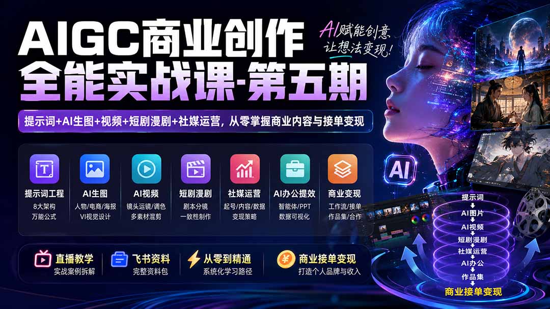 AIGC商业创作全能实战课-第五期：提示词+AI生图+视频+短剧漫剧+社媒运营，从零掌握商业内容与接单变现-米壳知道—知识分享平台
